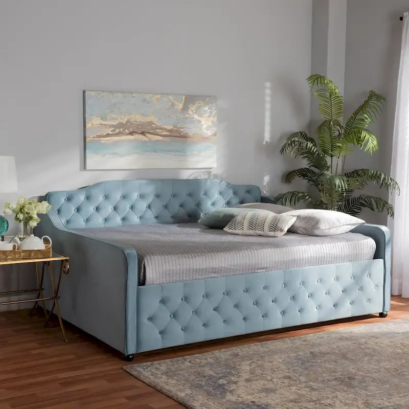 Divano letto contemporaneo di transizione con telaio imbottito e supporto a doghe in legno