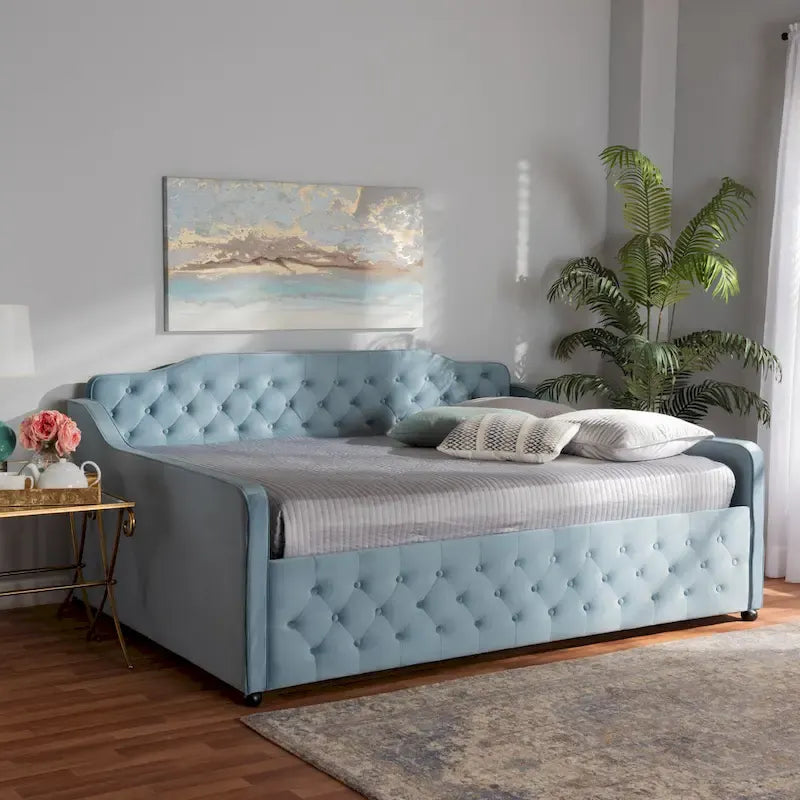 Divano letto contemporaneo di transizione con telaio imbottito e supporto a doghe in legno