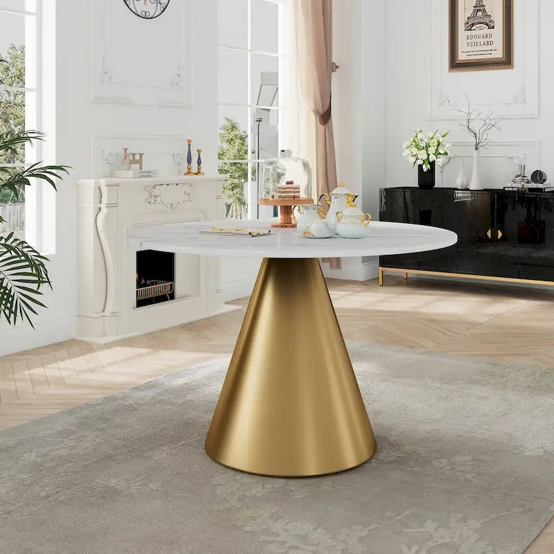 Tavolo da pranzo rotondo con piano in marmo e base in metallo per cucina e sala da pranzo