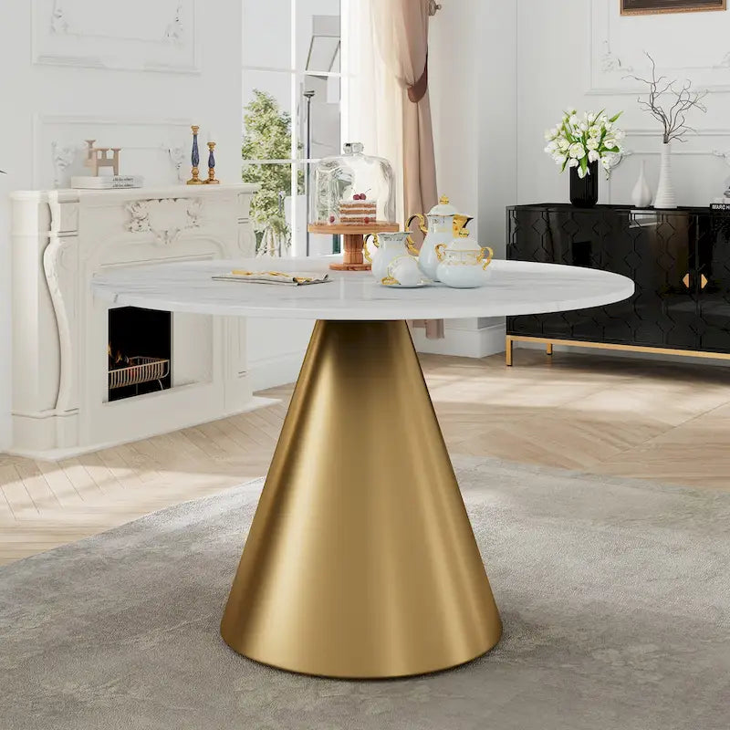 Tavolo da pranzo rotondo con piano in marmo e base in metallo per cucina e sala da pranzo