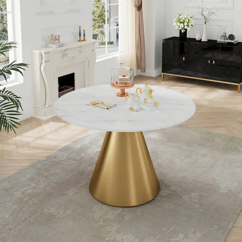 Tavolo da pranzo rotondo con piano in marmo e base in metallo per cucina e sala da pranzo