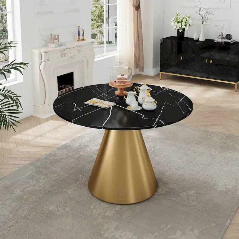 Tavolo da pranzo rotondo con piano in marmo e base in metallo per cucina e sala da pranzo