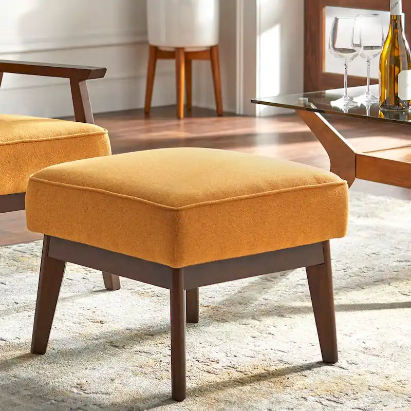 Pouf Rotondo Imbottito Poggiapiedi con Gambe in Legno Massello per Soggiorno