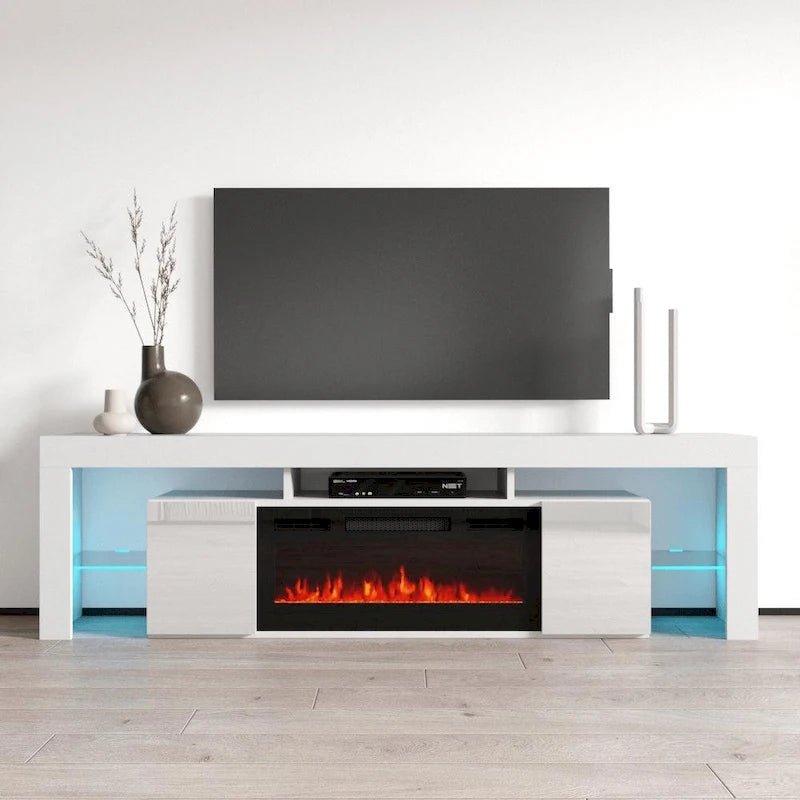 Mobile TV con camino elettrico da 79" dal design moderno per soggiorno