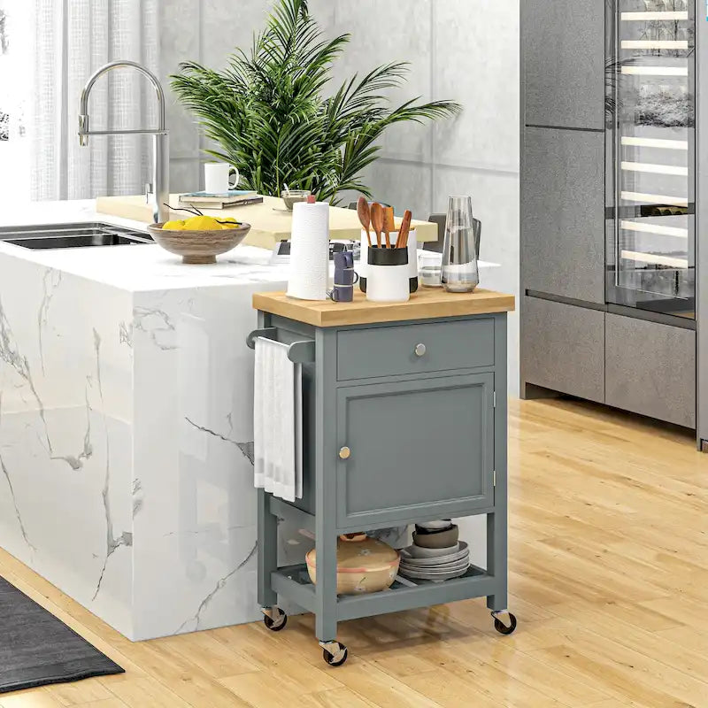 Carrello da Cucina su Ruote con Top in Legno di Gomma massiccio e Ripiani di Stoccaggio