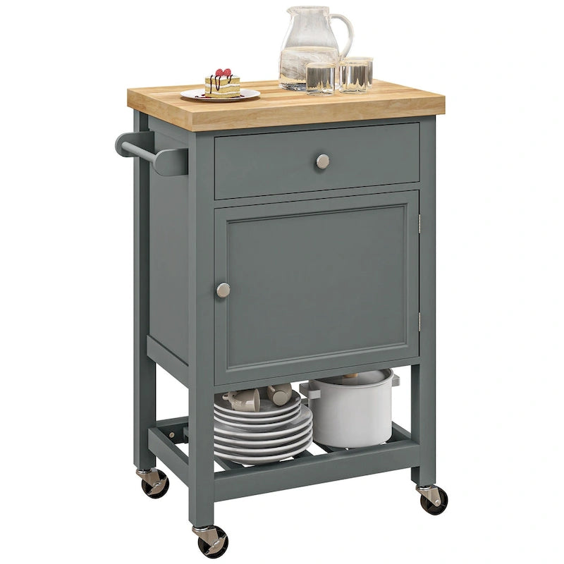Carrello da Cucina su Ruote con Top in Legno di Gomma massiccio e Ripiani di Stoccaggio