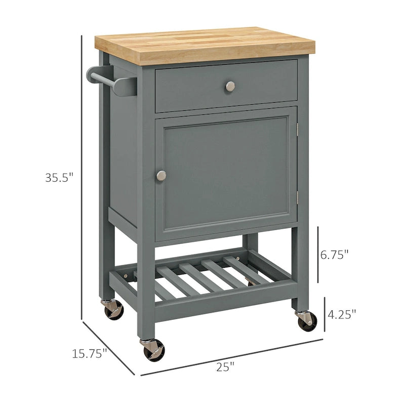 Carrello da Cucina su Ruote con Top in Legno di Gomma massiccio e Ripiani di Stoccaggio