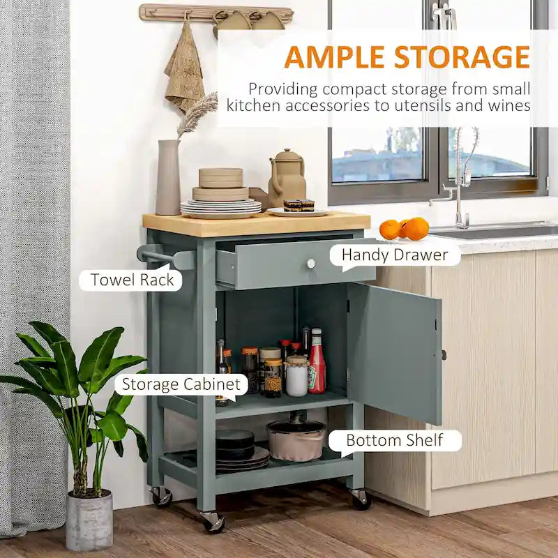 Carrello da Cucina su Ruote con Top in Legno di Gomma massiccio e Ripiani di Stoccaggio