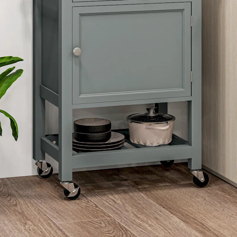 Carrello da Cucina su Ruote con Top in Legno di Gomma massiccio e Ripiani di Stoccaggio