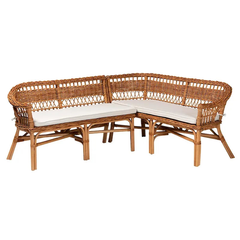 Set panca ad angolo da pranzo bohémien moderno in rattan naturale a 2 pezzi, marrone