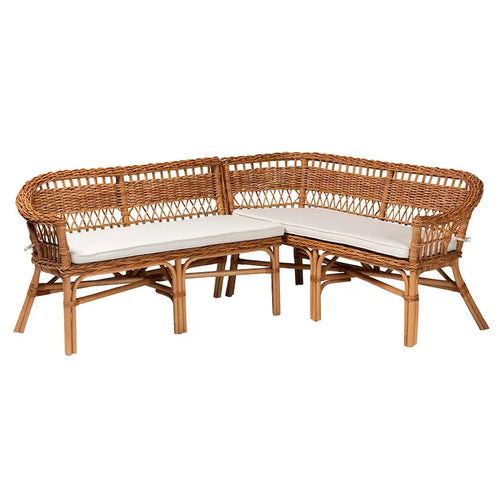 Set panca ad angolo da pranzo bohémien moderno in rattan naturale a 2 pezzi, marrone