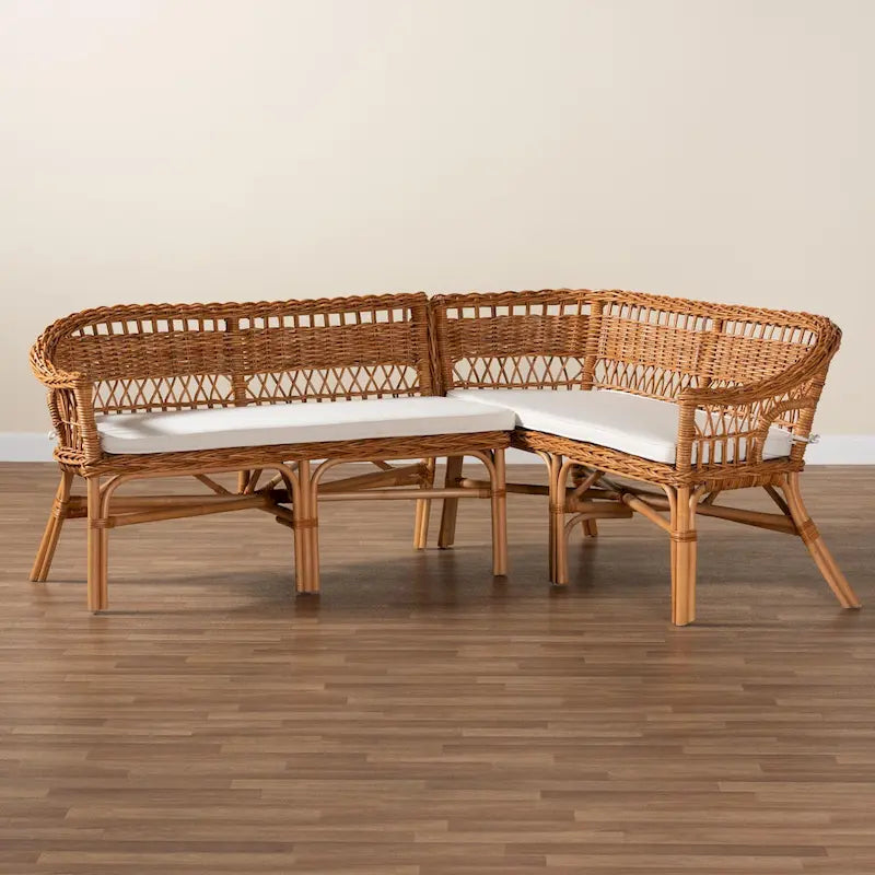 Set panca ad angolo da pranzo bohémien moderno in rattan naturale a 2 pezzi, marrone