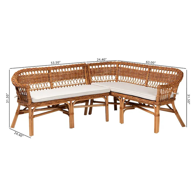 Set panca ad angolo da pranzo bohémien moderno in rattan naturale a 2 pezzi, marrone