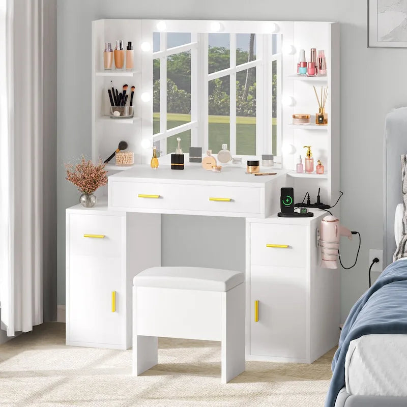 Toeletta con Specchio Illuminato e Prese Incorporate – 140 A x 110 L x 40 P cm