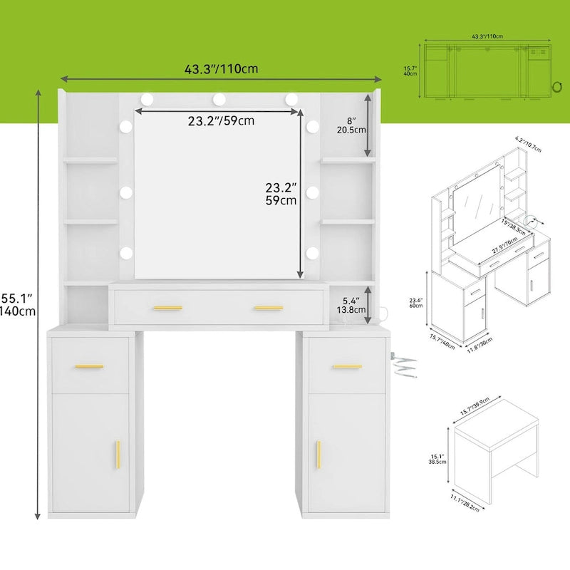 Toeletta con Specchio Illuminato e Prese Incorporate – 140 A x 110 L x 40 P cm