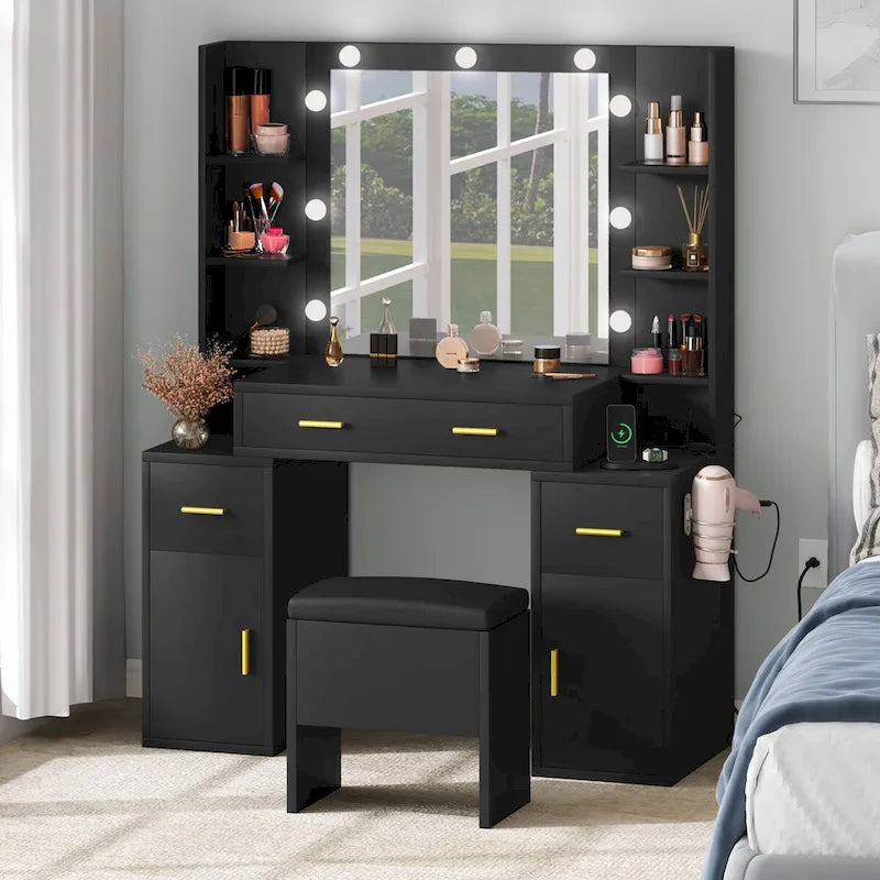 Toeletta con Specchio Illuminato e Prese Incorporate – 140 A x 110 L x 40 P cm