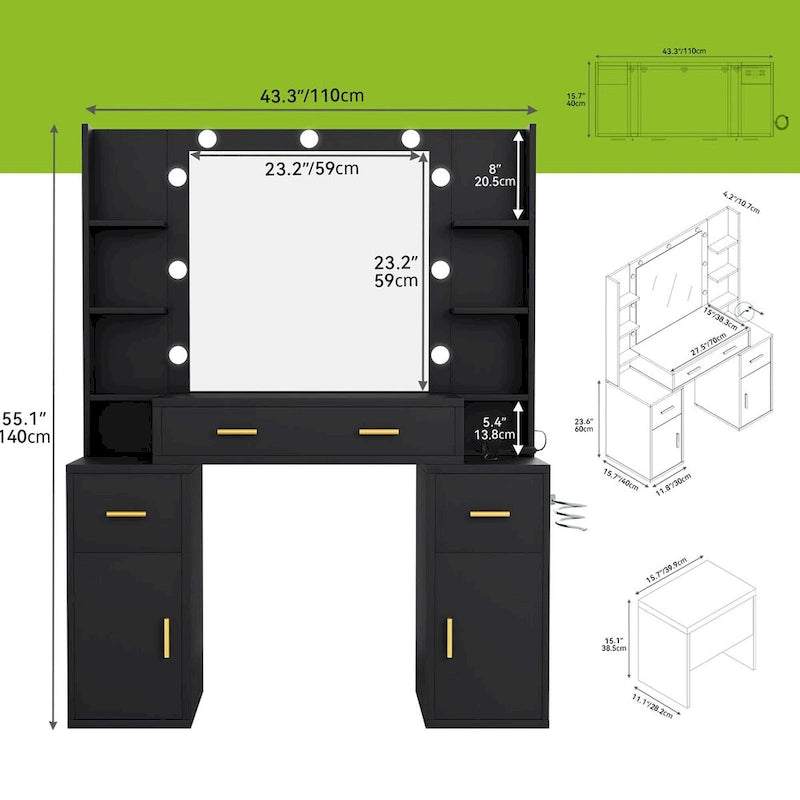 Toeletta con Specchio Illuminato e Prese Incorporate – 140 A x 110 L x 40 P cm