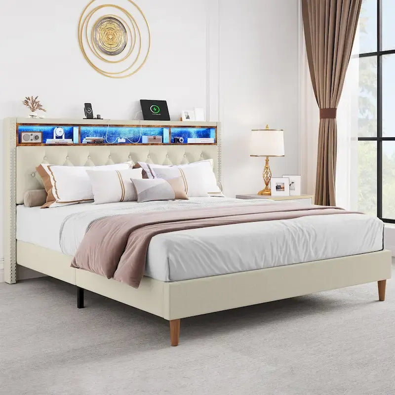 Struttura letto king imbottita con luci LED e contenitore sotto il letto