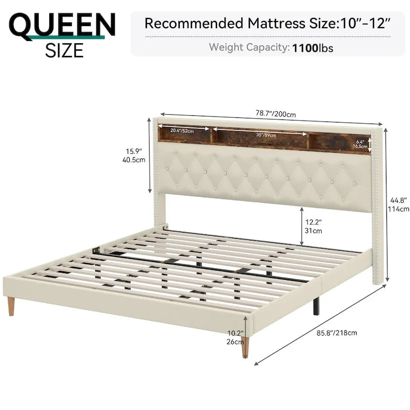 Struttura letto king imbottita con luci LED e contenitore sotto il letto