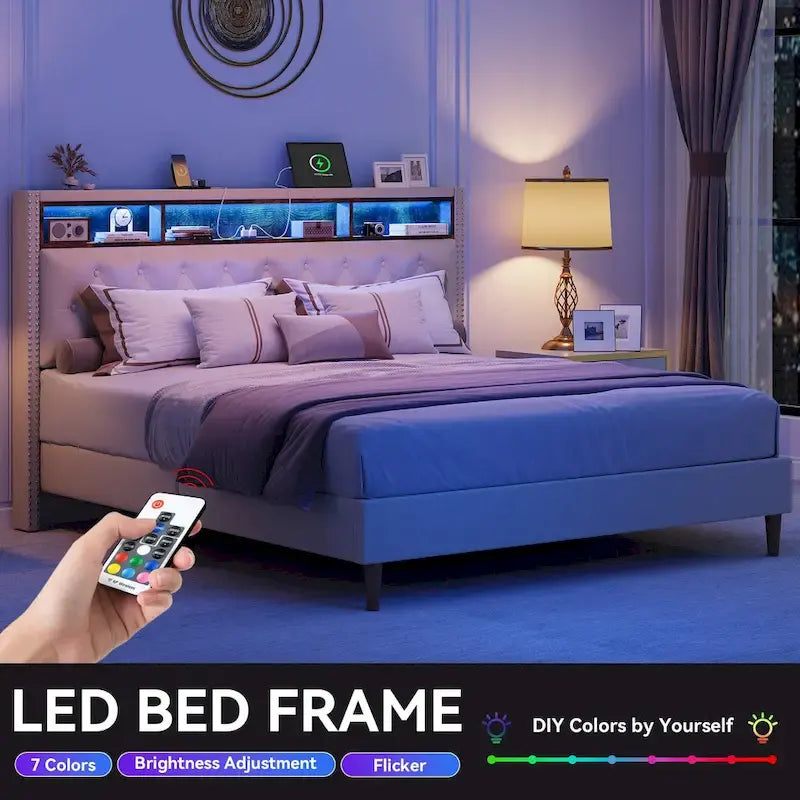 Struttura letto king imbottita con luci LED e contenitore sotto il letto