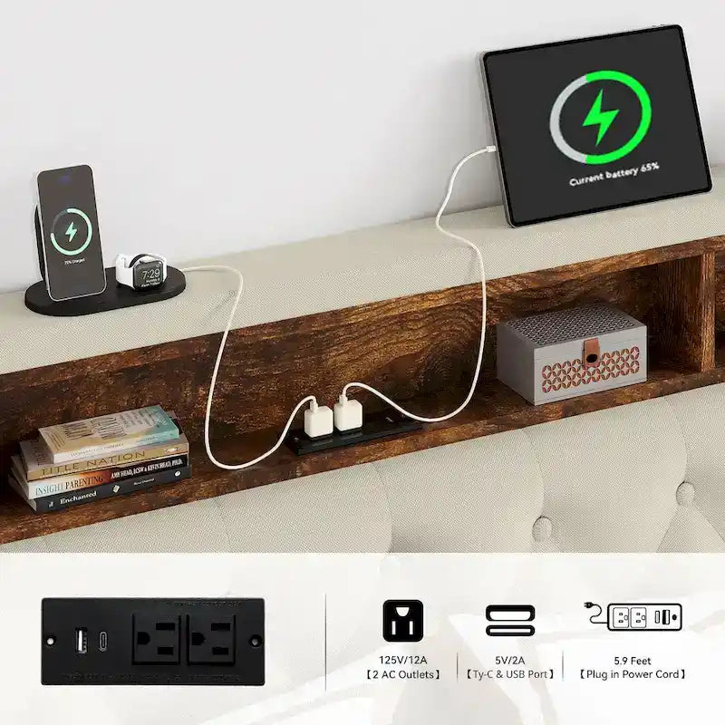Struttura letto king imbottita con luci LED e contenitore sotto il letto
