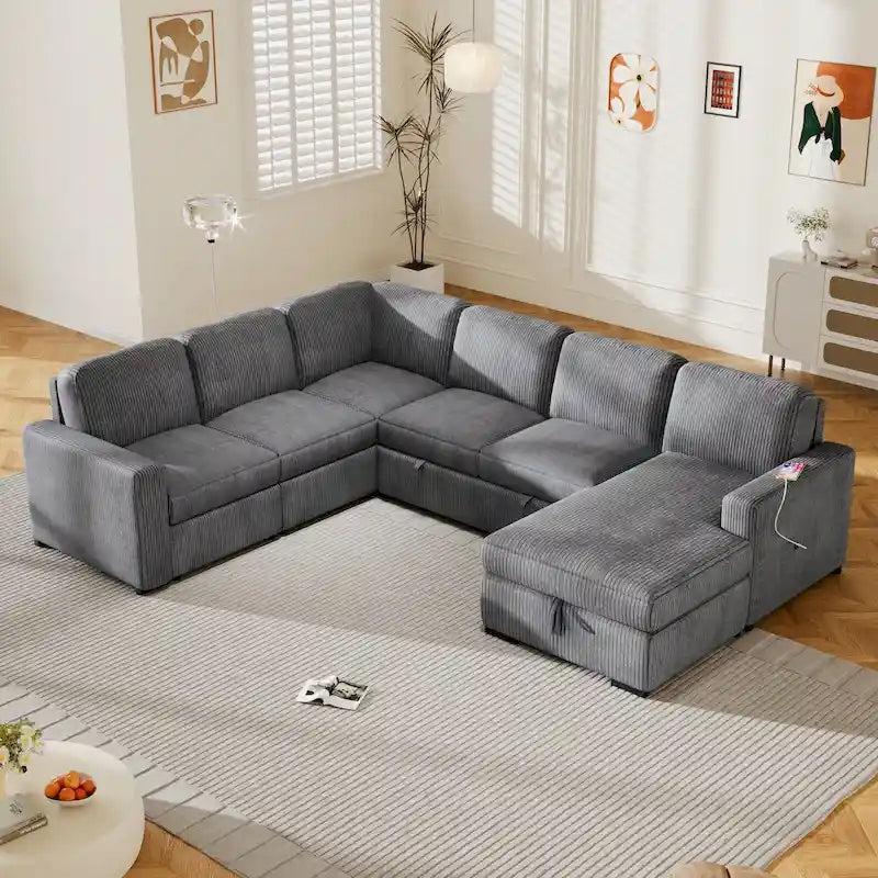 Divano angolare a 6 posti a forma di U con chaise longue contenitore e interfacce USB