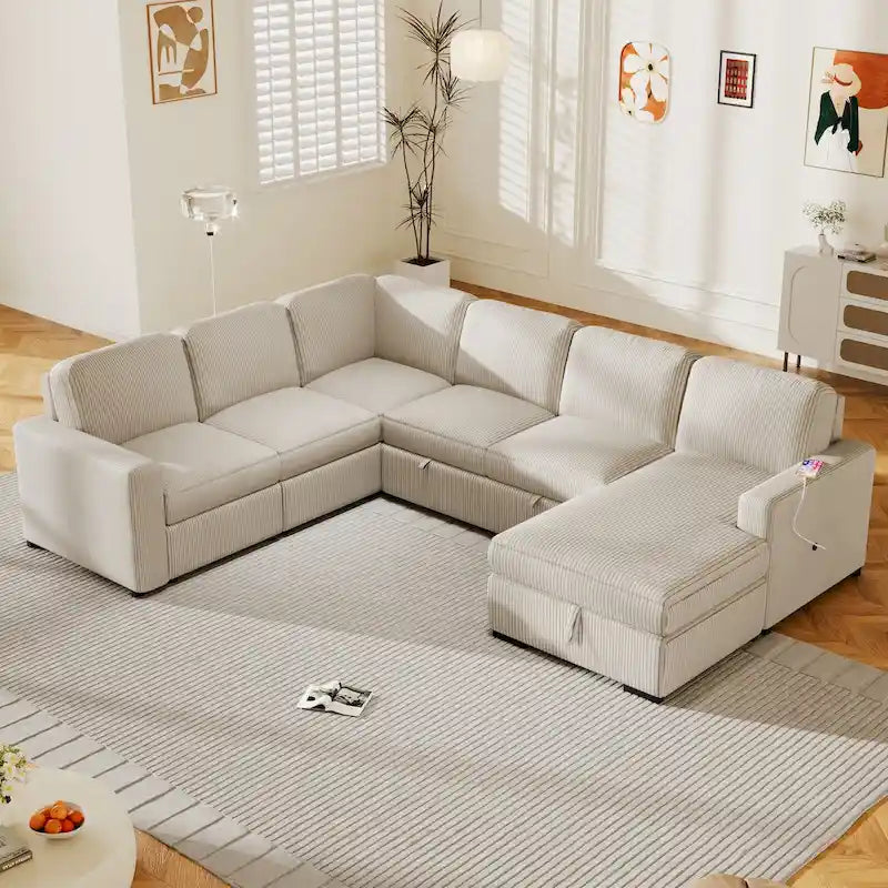 Divano angolare a 6 posti a forma di U con chaise longue contenitore e interfacce USB