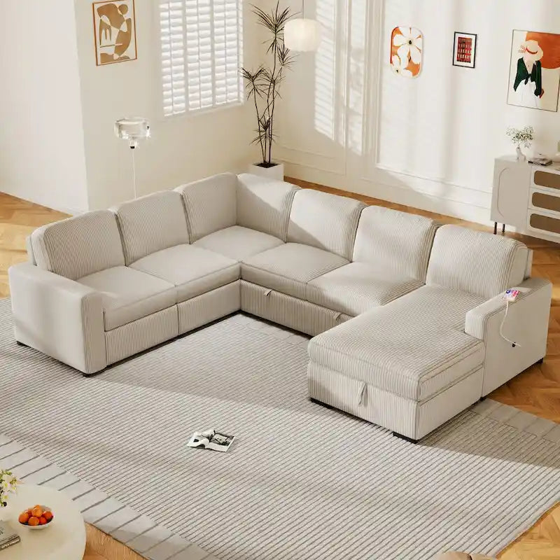 Divano angolare a 6 posti a forma di U con chaise longue contenitore e interfacce USB