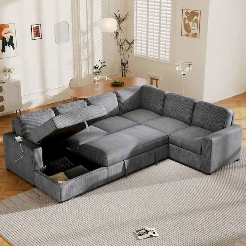 Divano angolare a 6 posti a forma di U con chaise longue contenitore e interfacce USB