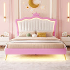 Letto imbottito Full Size con luci a LED, letto imbottito moderno da principessa con testiera a corona, rosa + bianco