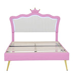 Letto imbottito Full Size con luci a LED, letto imbottito moderno da principessa con testiera a corona, rosa + bianco