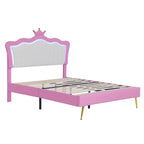 Letto imbottito Full Size con luci a LED, letto imbottito moderno da principessa con testiera a corona, rosa + bianco