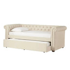 Divano letto Chesterfield in velluto trapuntato con braccioli a voluta, dettagli a bottone e gambe in legno massello