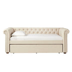 Divano letto Chesterfield in velluto trapuntato con braccioli a voluta, dettagli a bottone e gambe in legno massello