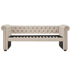 Divano letto Chesterfield in velluto trapuntato con braccioli a voluta, dettagli a bottone e gambe in legno massello