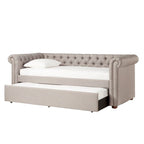 Divano letto Chesterfield in velluto trapuntato con braccioli a voluta, dettagli a bottone e gambe in legno massello