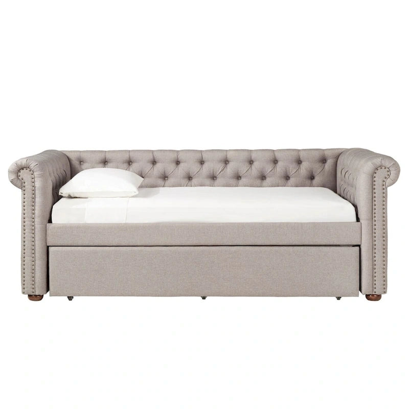 Divano letto Chesterfield in velluto trapuntato con braccioli a voluta, dettagli a bottone e gambe in legno massello