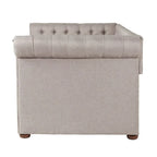 Divano letto Chesterfield in velluto trapuntato con braccioli a voluta, dettagli a bottone e gambe in legno massello